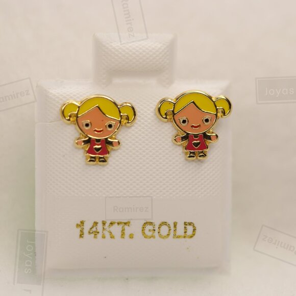 Enamel Girl Stud Earrings For Kids In Solid 14K Gold • Jewelry For Girls. - Picture 2 of 15